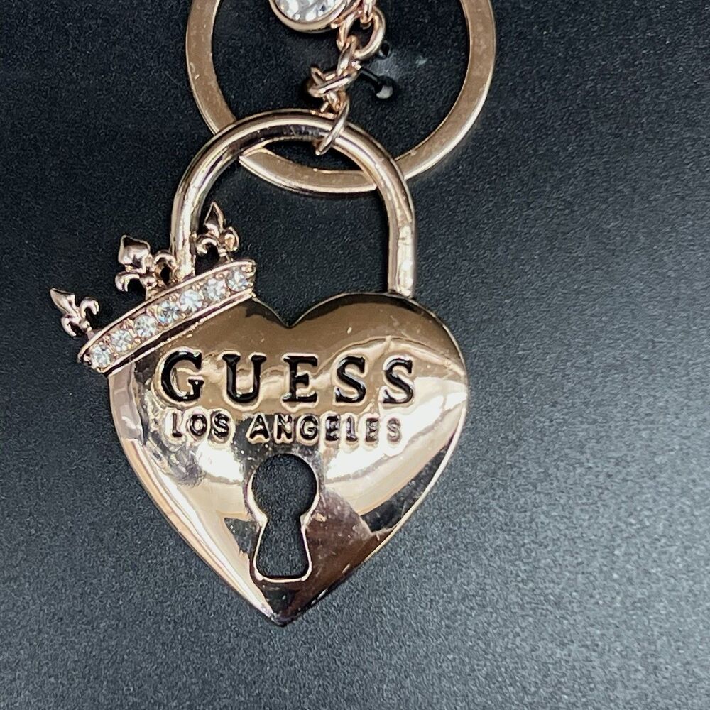 Guess Heart Padlock Crown Bag Charm  Keychain Gold Tone BLING  Fleur De Lis - Picture 7 of 9